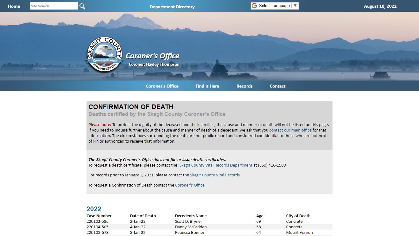 Deaths certified by the Skagit County Coroner’s Office